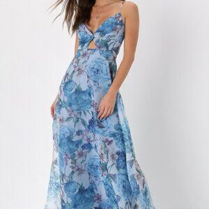Lulus Enchanting Entrance Blue Floral Organza Keyhole Maxi Dress - Size XL